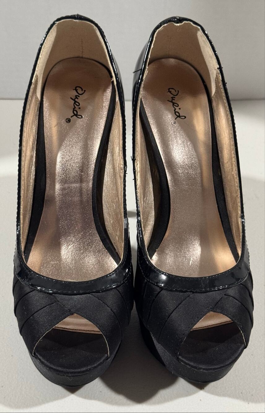 Quipid Black Satin & Patent Peep-Toe Platform Pumps – Size 9 Gothic Date Nights